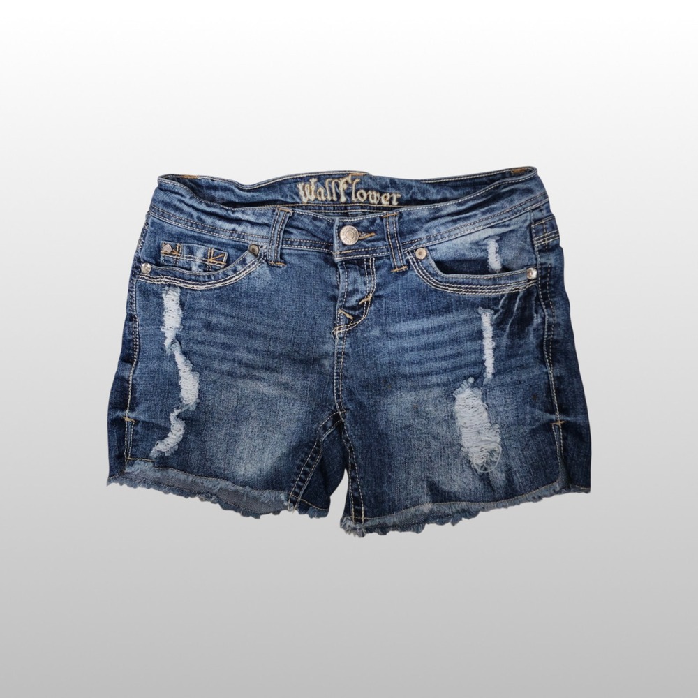 Womens Y2K McBling WallFlower Denim Shorts Distressed Embellished Blue 9 Cutoffs